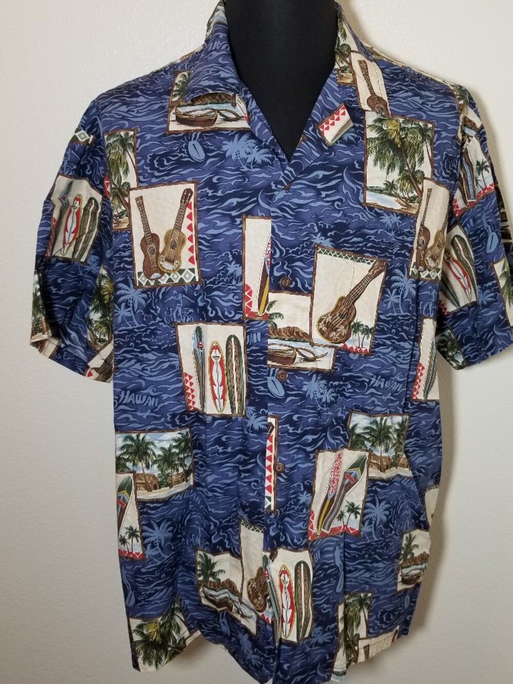 MD Fashion Men Button Up 2XL Blue Aloha Hawaiian Ukulele Palm Trees Coast Cruise